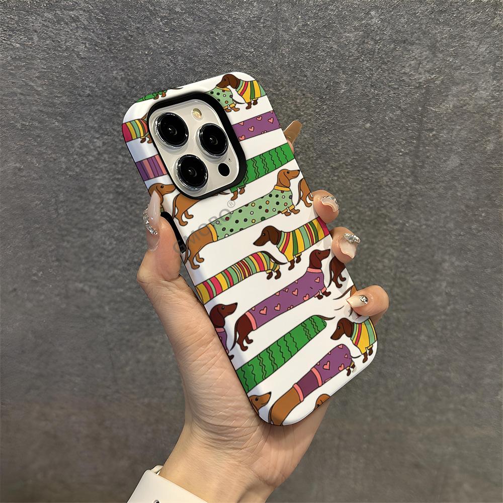 Korean soft cute cartoon dachshund dog striped apple 16e mobile phone case iPhone17pm anti-drop film case 14pro