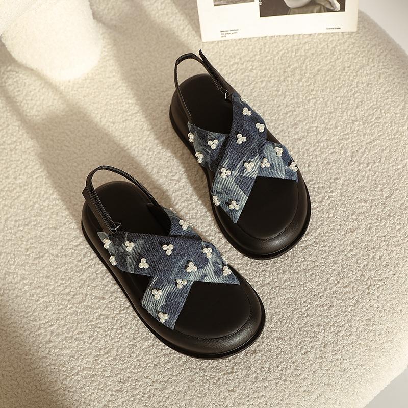 

Fashion Cross Band Denim Cloth Sandals Women 2025 Summer Shoes Platform Flat Sandalias Rear Strap Flipflops Ladies Girls Muffin Sandales 35 чёрный