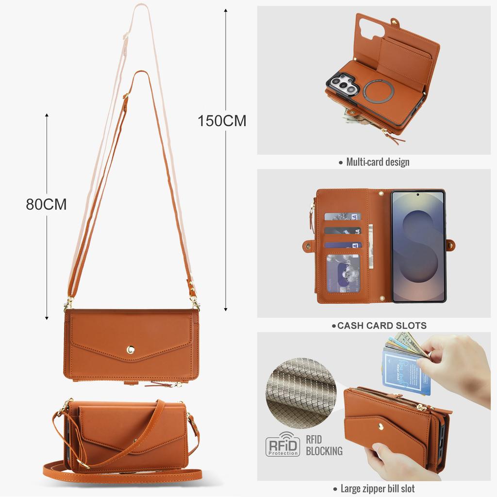 Portafoglio con Slot per Carte Magnetiche e Zip 2 in 1 Custodia in Pelle per Samsung S26 Ultra Edge S25 Plus S24 FE A56 A36 A16 Cover a Tracolla