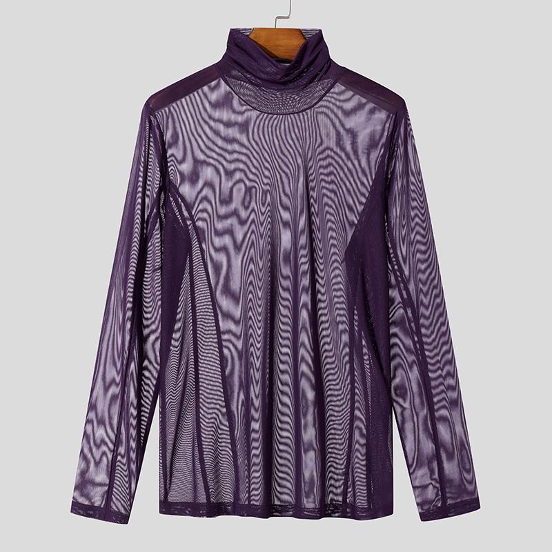 INCERUN Men Turtleneck Long Sleeve Mesh Skinny Tops See Through T-shirts Undershirt