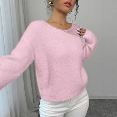 Maglione rosa a girocollo, lavorazione a maglia larga, senza cuciture, stile pigro, da donna