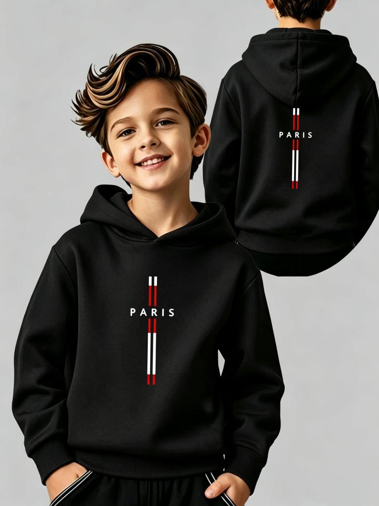 Boys' Hoodie, Kids' Hoodie with Paris Letter Prints on Both Front and Back, Versatile Casual Long-