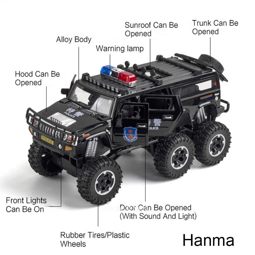 1:32 Hanma M-Terrain Off-road Police Cars Models Toy Rubber Tires Light Music Vehicles 6 Doors Opened Car Boys Decoration Gifts