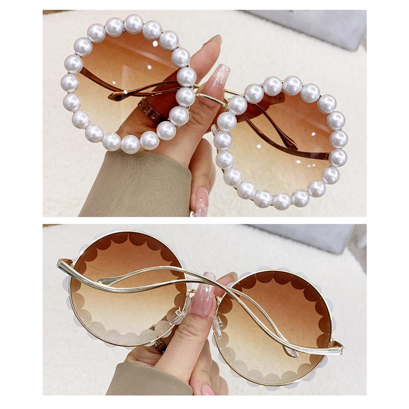 Non-polarized Round Frame Pearl Sunglasses Women Men Ins Fashion Metal Wave Leg Gradient Sun Glasses