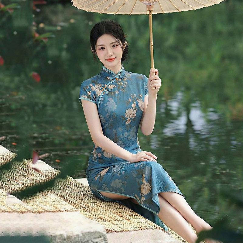 Blau Nationalstil Neu Chinesisch Suzhou Langer Cheongsam Verbessert Jung 1011 Neu Damen Hohes Gefühl Täglich Sommer