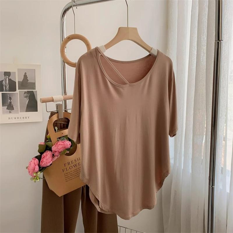 Summer New Irregular Short Sleeved Plus Size T-shirt for Women Fashion Elegant Round Neck Casual T Shirt Female Solid Simple Loose Lady Tee Tops 24287