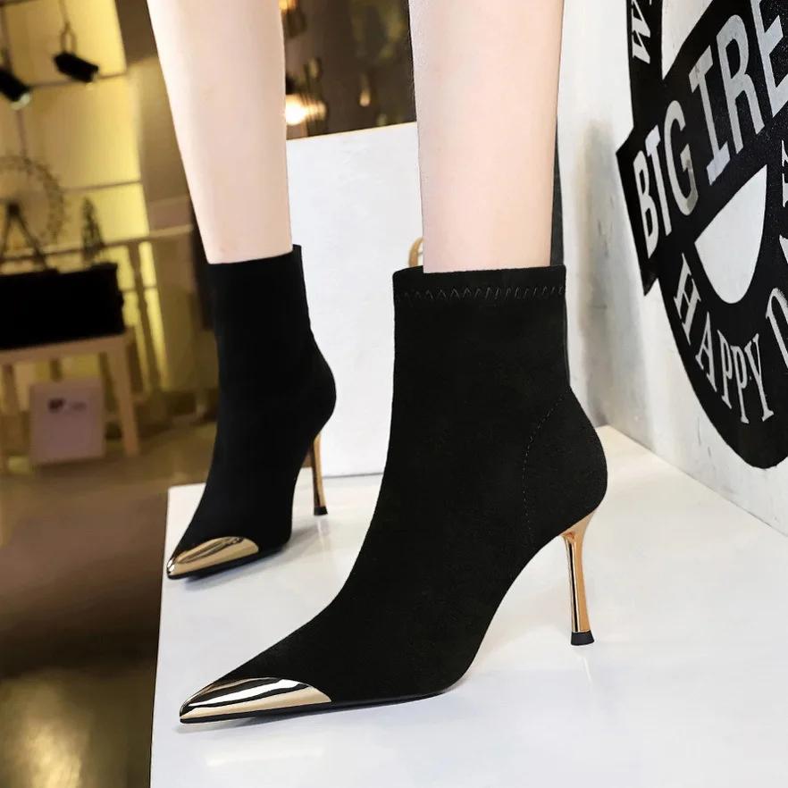 

Fashion High Heels Women Ankle Boots Sexy Pointed Toe Leather Shoes Women Trend Snow Boots Party Pumps Dress Mujer Elegant Chelsea Boots 40