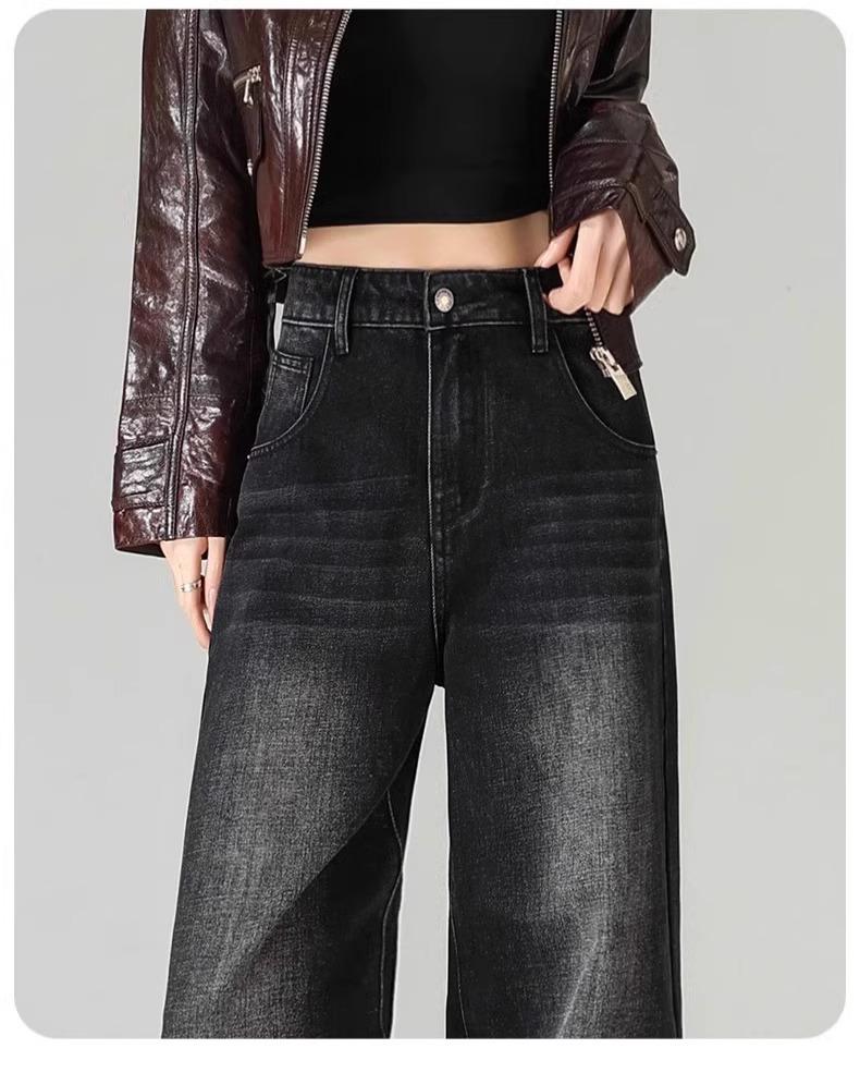 2025 Women's Slimming High-Waisted Black Wide-Leg Jeans - Trendy Loose Fit, Straight-Leg Pants