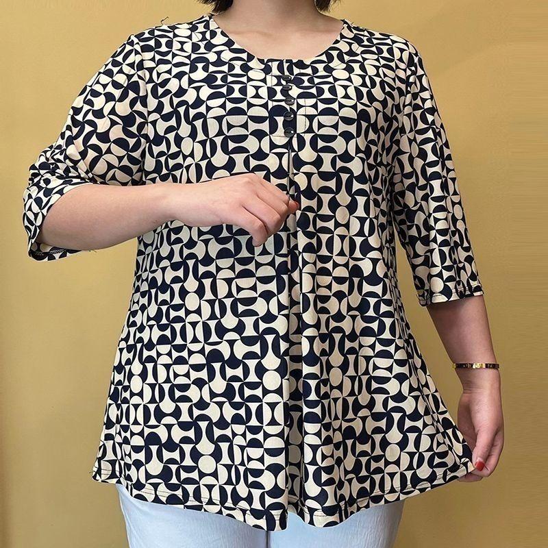 

Летние Новые Повседневные Пуловеры с Геометрическим Принтом Женские Контрастных Цветов Для Поездок На Работу Свободные С Полурукавом Миди Футболка 8XL бежевый