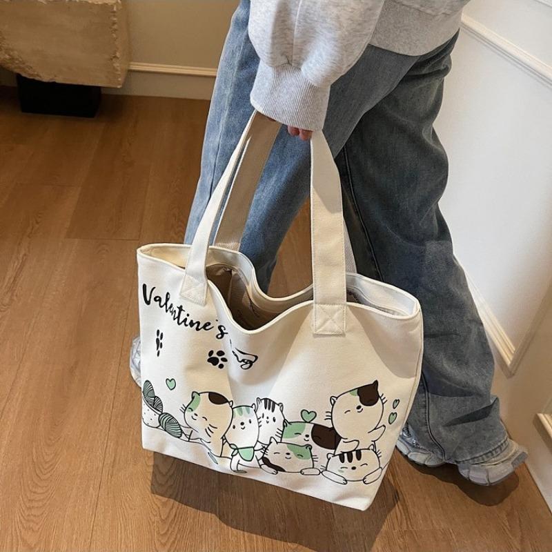 Large Capacity Cartoon Canvas Bag Girls' Student Wear Book Commuter Tote Bag Casual Simple Lightweight Shoulder Cloth Bag
