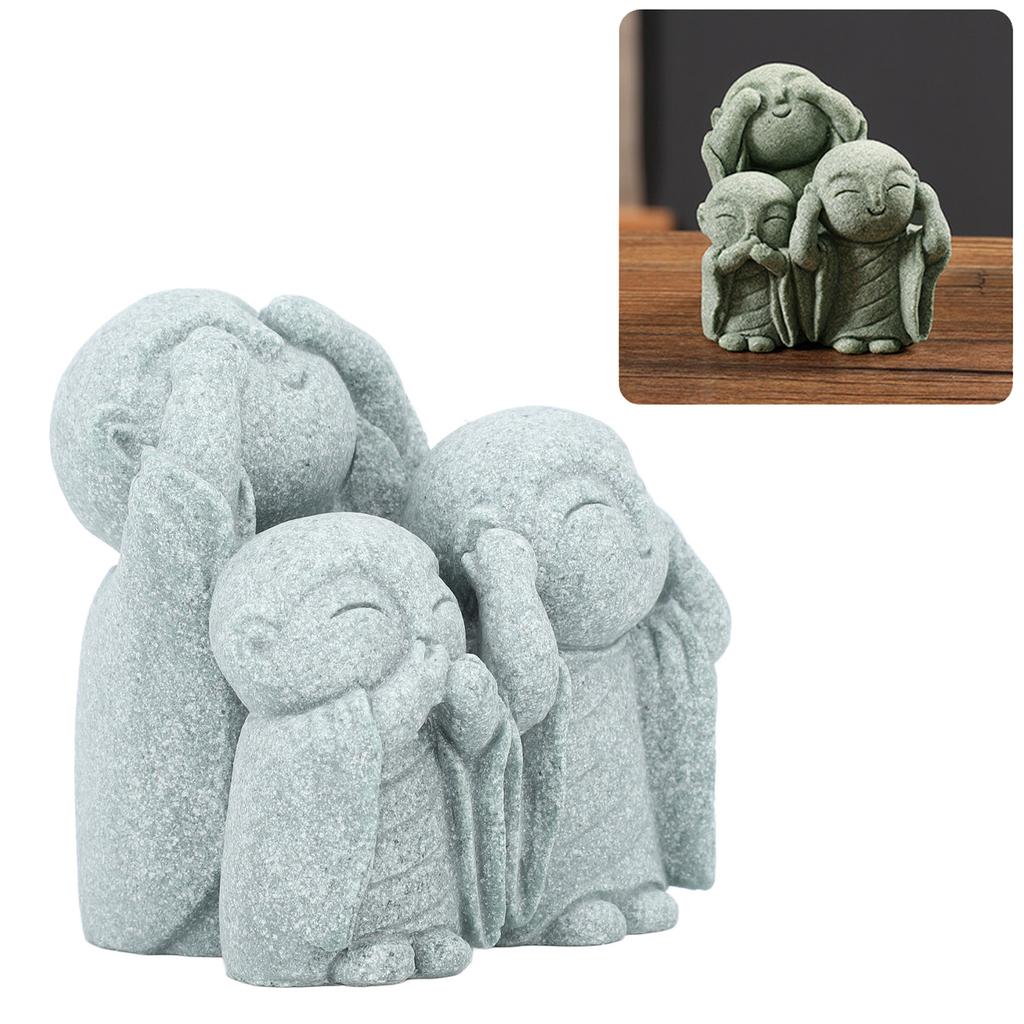 Monk Buddha Statue Chinese Green Sandstone Cute Buddha Figurine 3 Little Monks Ornament for Fish Aquarium Home Garden Decoration
