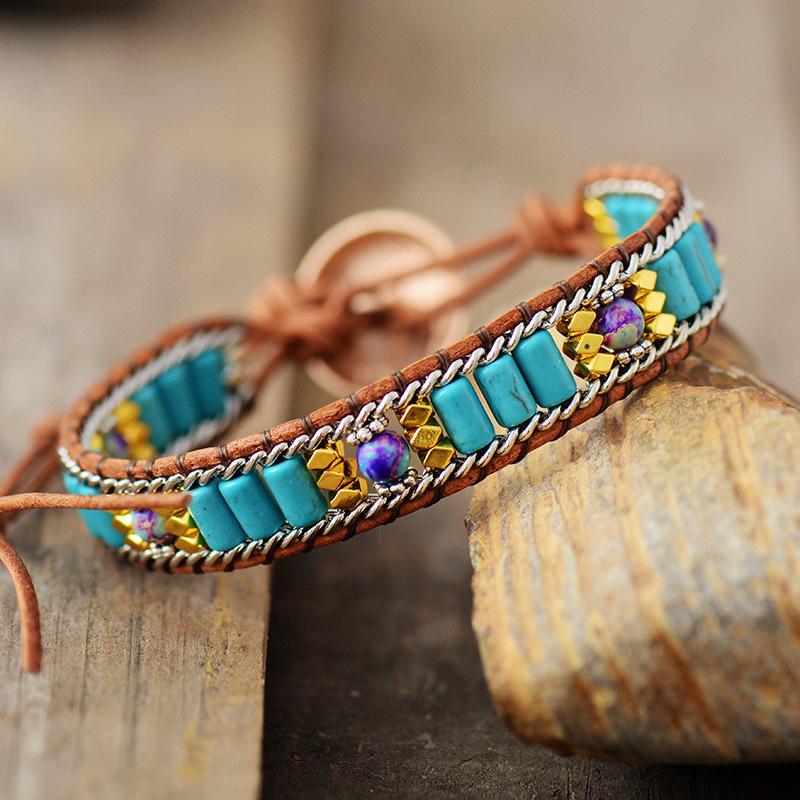 Bohemian Turquoise Bracelet, Handcrafted with Woven Leather Cord, a Cultural and Travel-themed Friendship Accessory.
