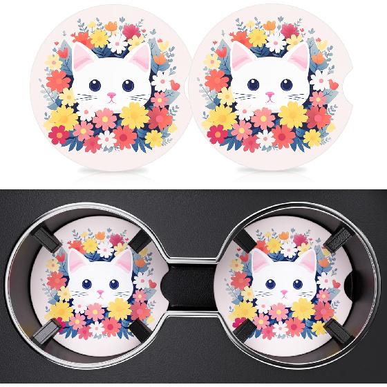 2 Pack Car Cup Holder Coasters, 2.63 Inch Anti Slip Ceramic Absorbent Coaster with Cork Base and Finger Notch, Cute Car Accessories Interior for