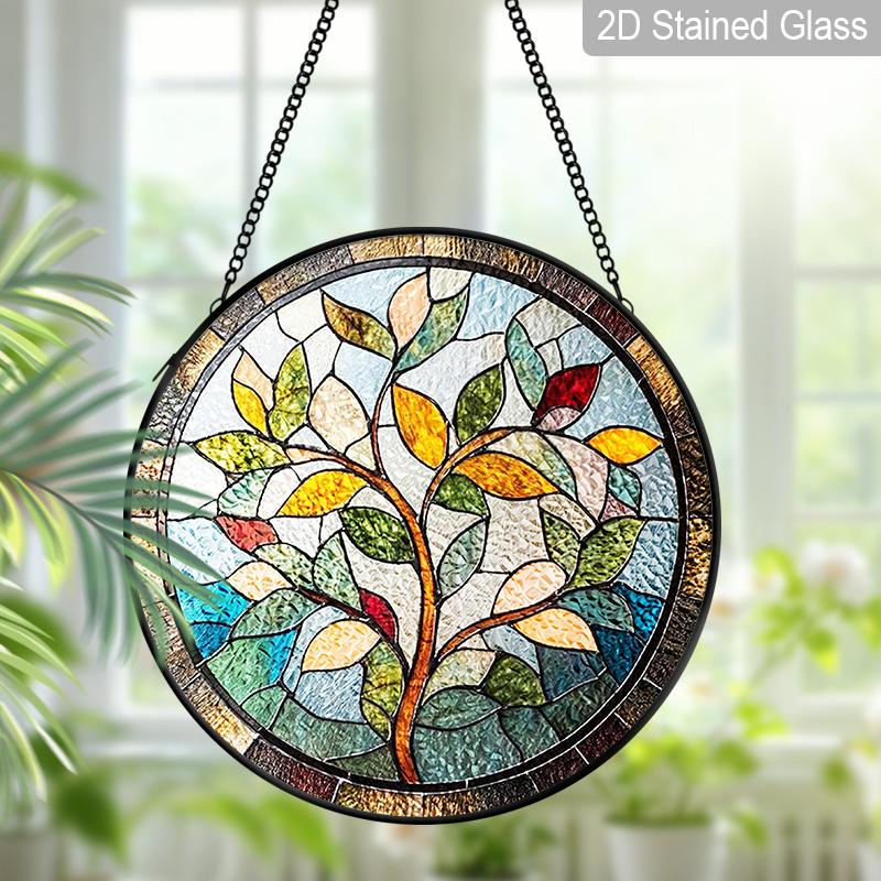 2D Flat Stained Glass Nature Branches and Leaves Window Decoration, 6.3/7.87inches Colored Glass Plate with Chain, Charming Spring Summer Sun Catcher