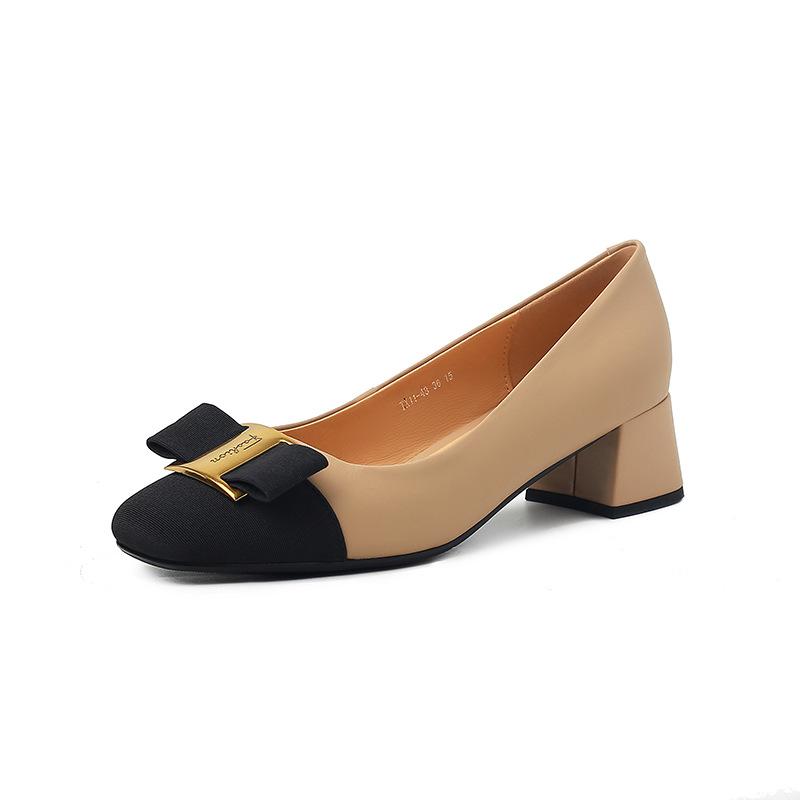 Gao Yan Xiaoxiangfeng~ French elegant leather color matching bow women's head mid-heel light mouth single shoes women