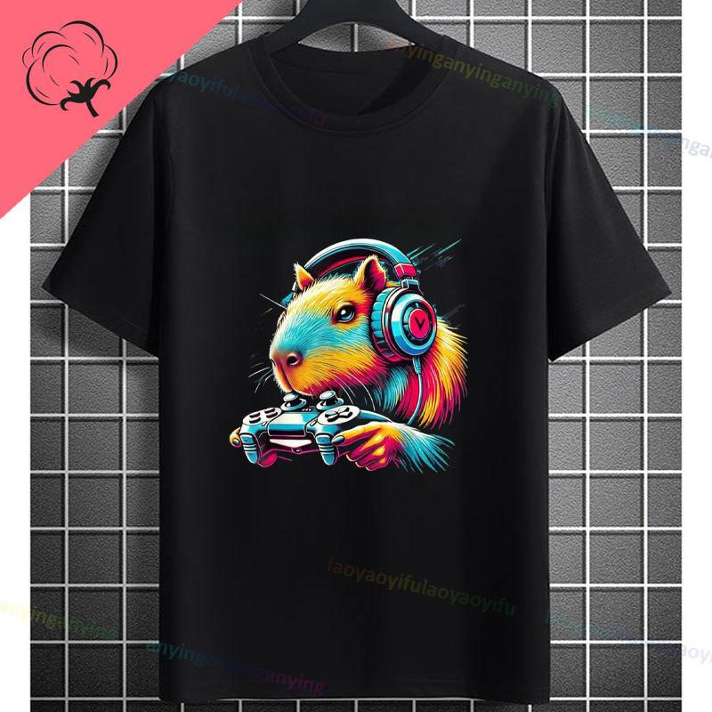 Funny Gamer Capybara Graphic Tshirt Cool Black Casual Tee With Fashion Glasses  Video Game Controller Design For All Seasons