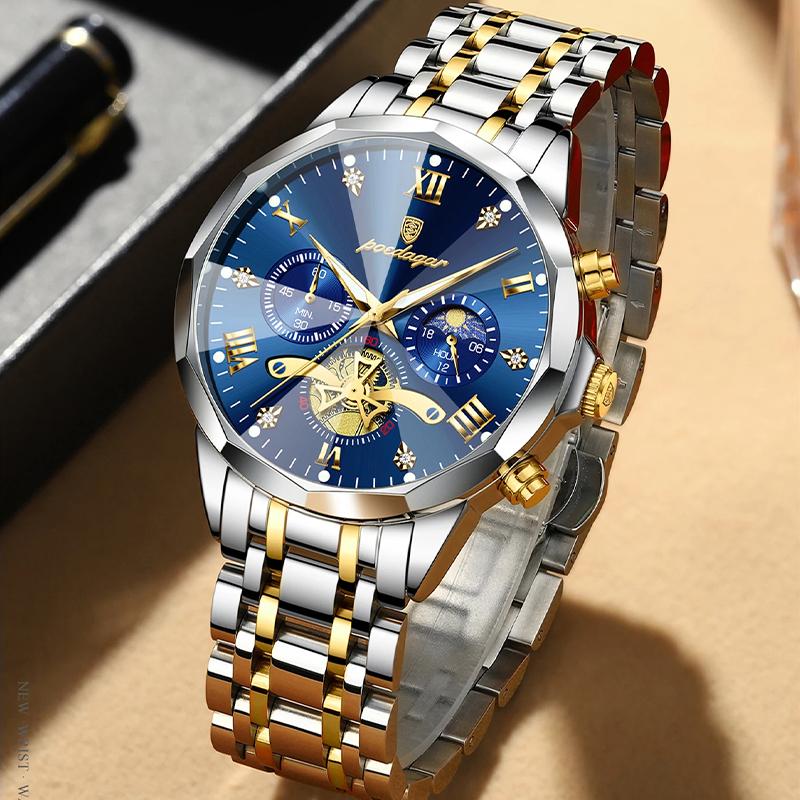 Mens Watch Multifunctional Chronograph Quartz Watch Moon Phase Watches For Men Waterproof Mens Gifts Reloj