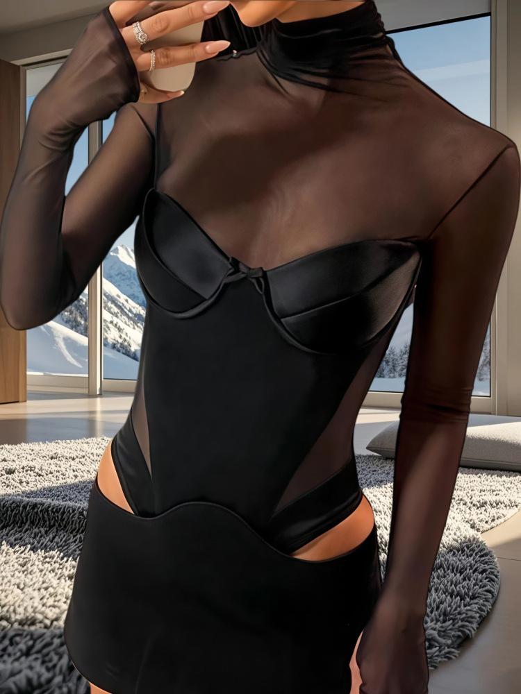 Elegant Solid Color Mesh Mini Dress with Sexy Cutout Waist and Low-Cut Long Sleeves for Spring 2025