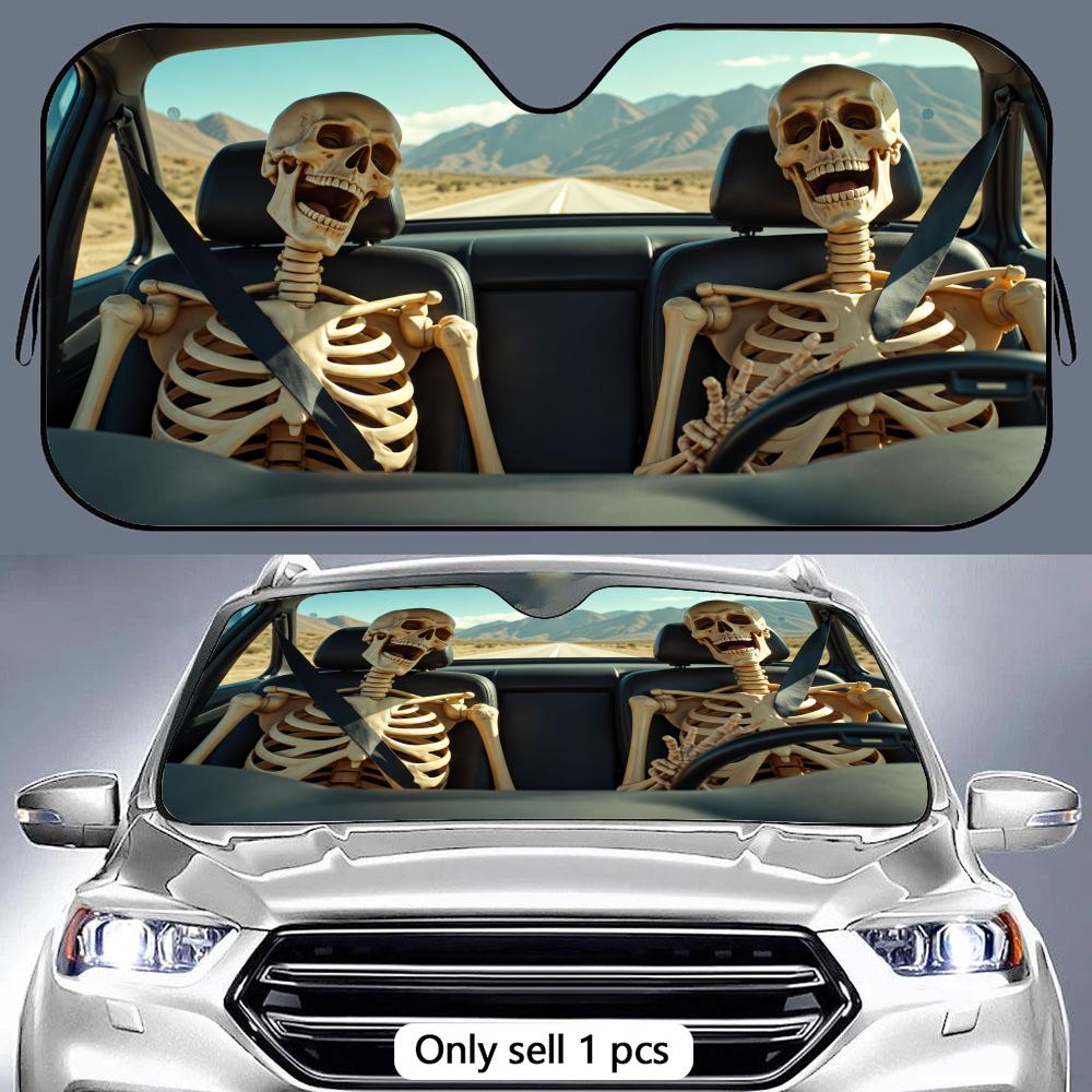 Skeleton Man Is Driving Sun Visor Foldable Aluminum Foil Car Windshield Sun Shade - UV Protection & Heat Insulation Visor