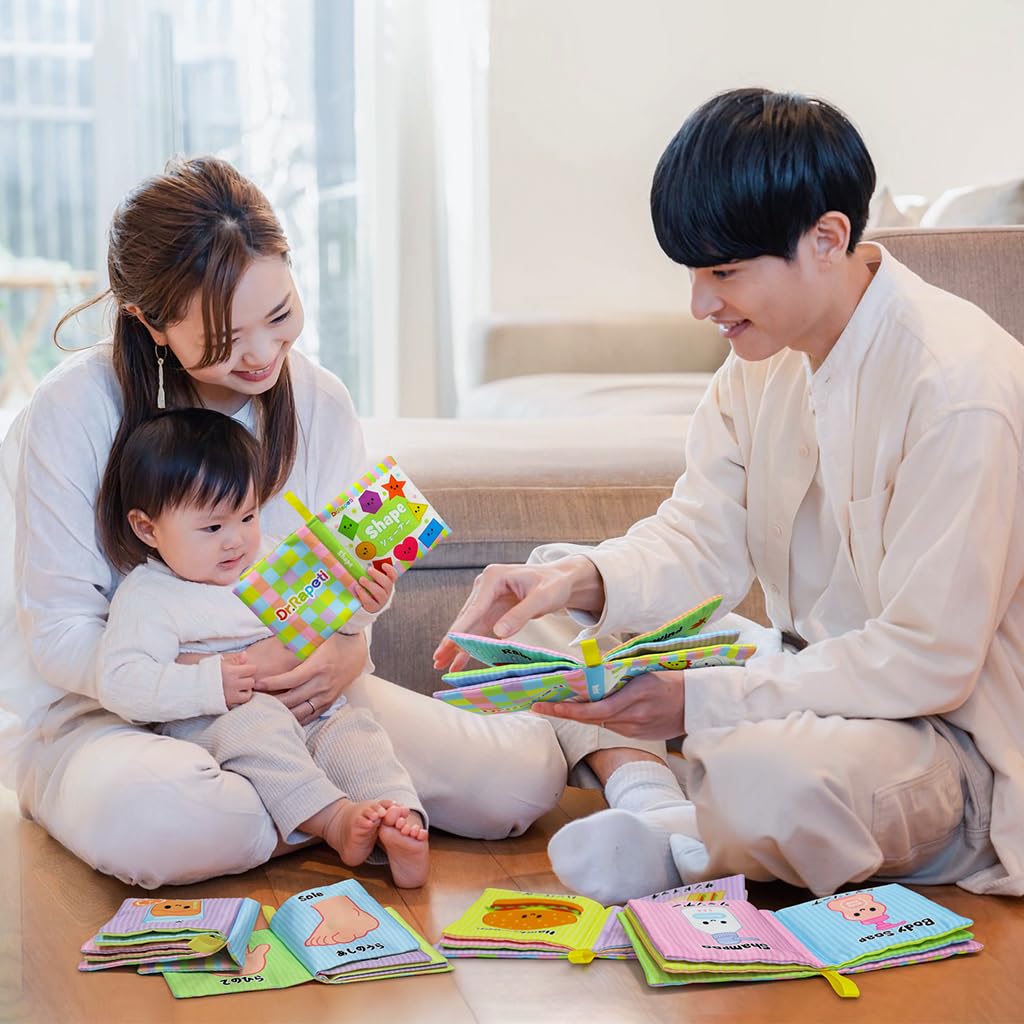 Dr.Rapeti Baby Cloth Picture Book Set 6 Books Bilingual Japanese English Crinkle Sound Whistle Soft Washable Bath Toy Early Education Parenting Baby