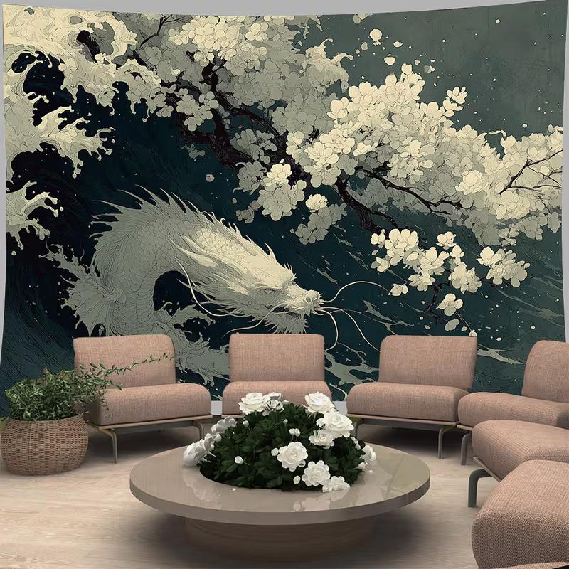 2D Aesthetic White Dragon Tapestry, Japanese Art Sakura & Wave Background Cloth 47.2x31.5inch/120*80cm