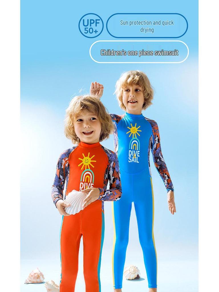 Boys' UPF50+ Long-Sleeve Quick-Dry Swimsuit for Training & Hot Springs