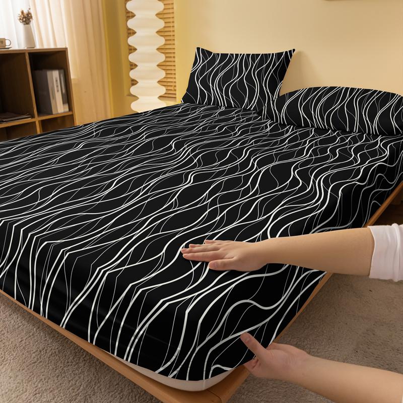 1 Piece Of Black Background White Wave Pattern Matte Bedsheet, Bedroom Printed Bedspread, Bedding (Excluding Pillowcases)