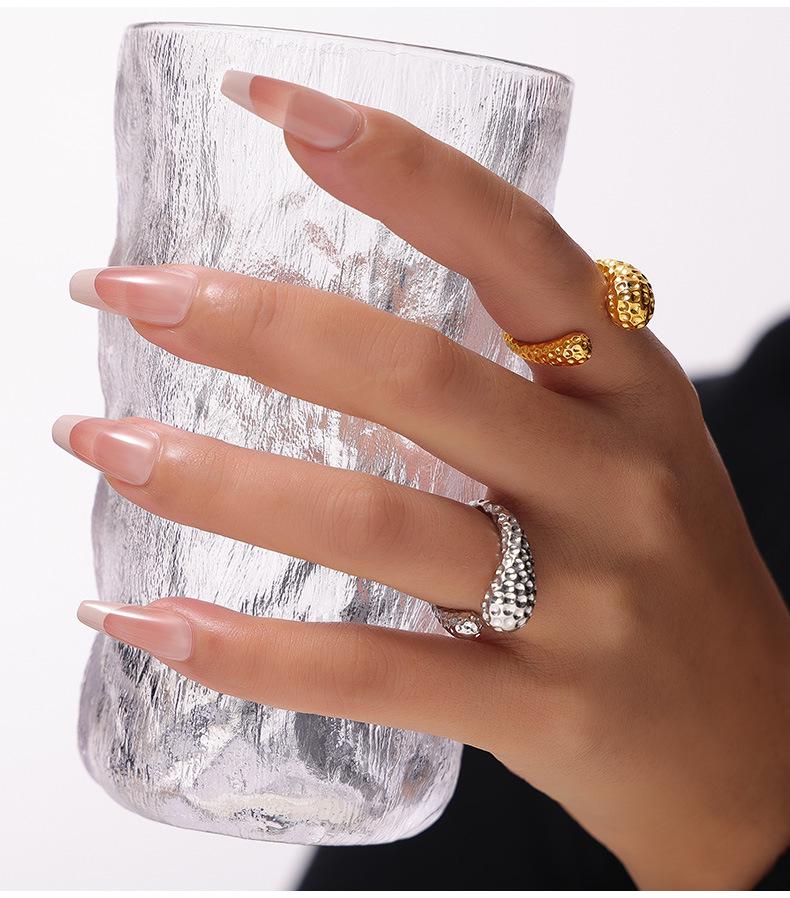 European & American Large Titanium Steel Water Drop Ring, 18K Gold Plated, Hammered Texture, Asymmetrical Open Design