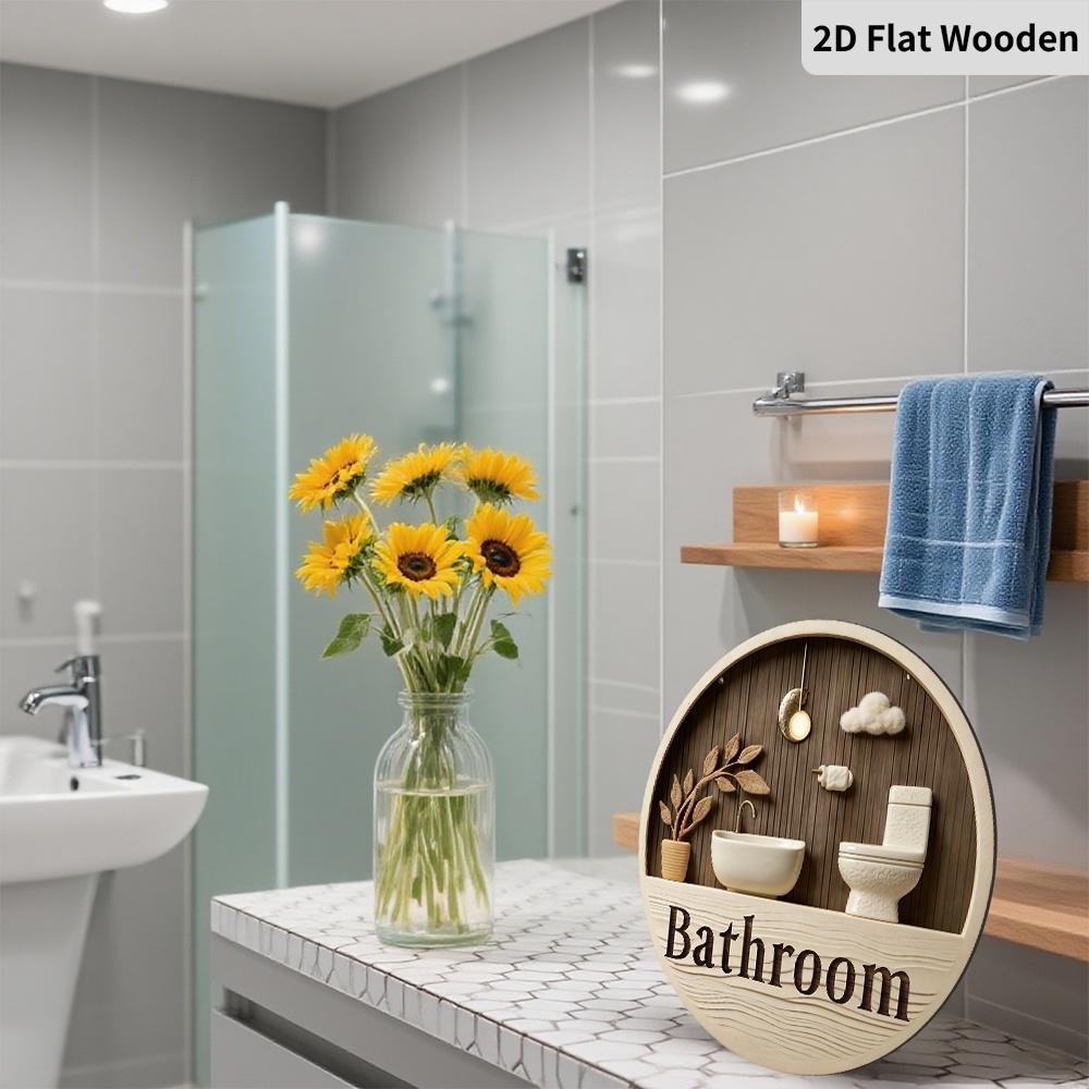 2D Flat Wooden Contemporary Bathroom Sign, 7.87inches Retro Decorative Hanging Ornament, Home Toilet Wall Art /tabletop Decor