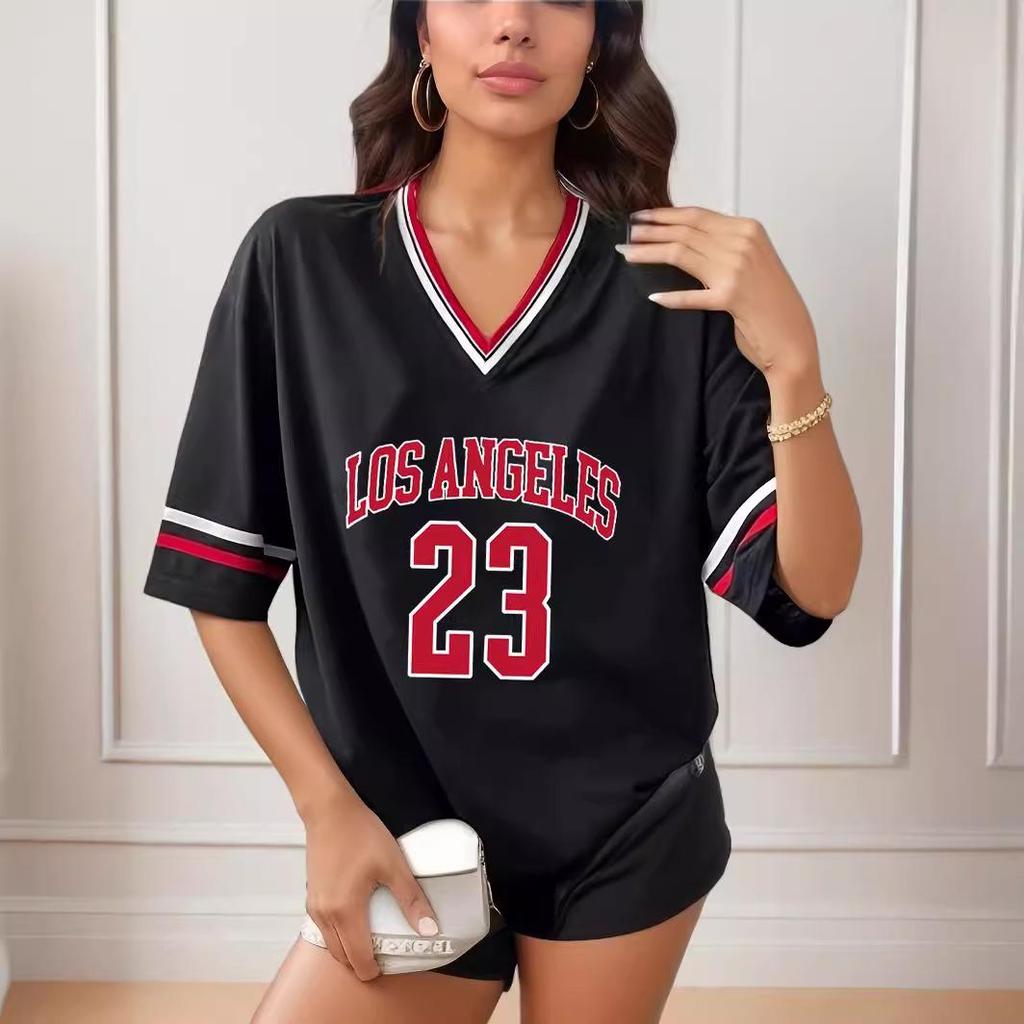 Women's Loose Stripe Trim Sports T-Shirt