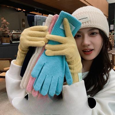 Korean Version of Warm Gloves for Women In Autumn and Winter Outdoor Cycling Extended Windproof and Cold Touch Screen Split Finger Wool Knitted Gloves
