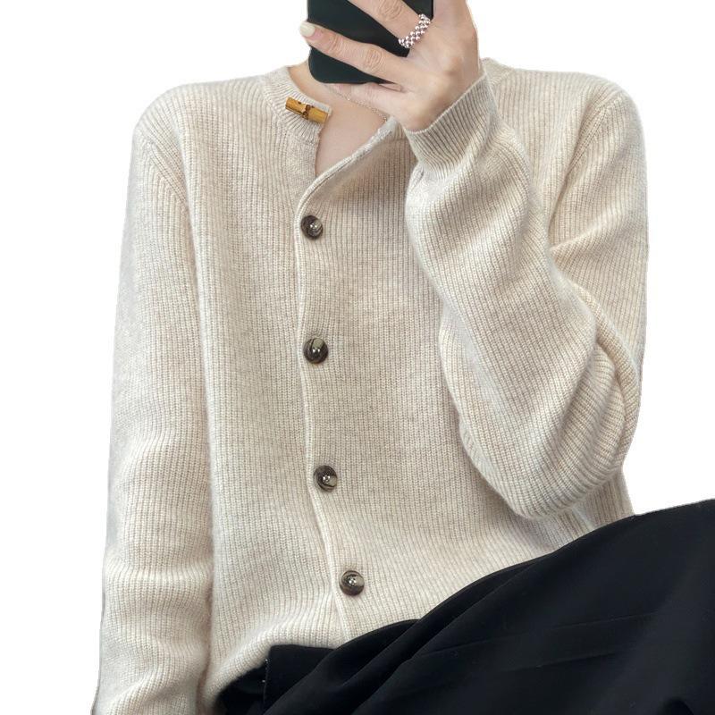 Autumn-Winter 2025 Wool Cardigan: Short, Thick, Oblique Lapel Jacket, Soft Cashmere Knit Sweater.