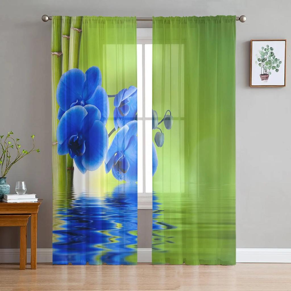 Flowers Water Waves Bamboo Tulle Curtains Balcony Room Fashion Printed Sheer Curtain Living Room Window Modern Decor