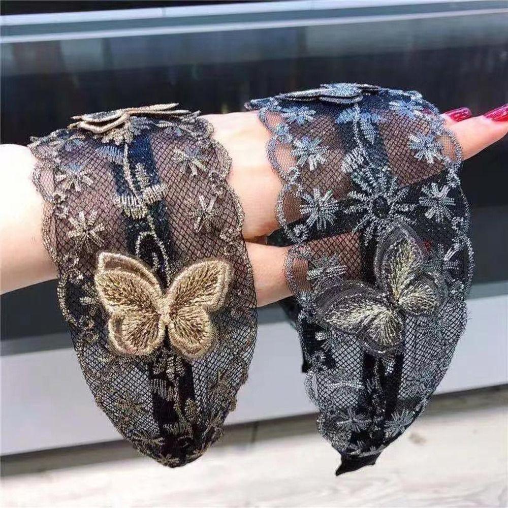 Flowers Lace Mesh Hair Band Wide Side Women Lace Hairbands Cute Hair Hoop  Hair Accessories