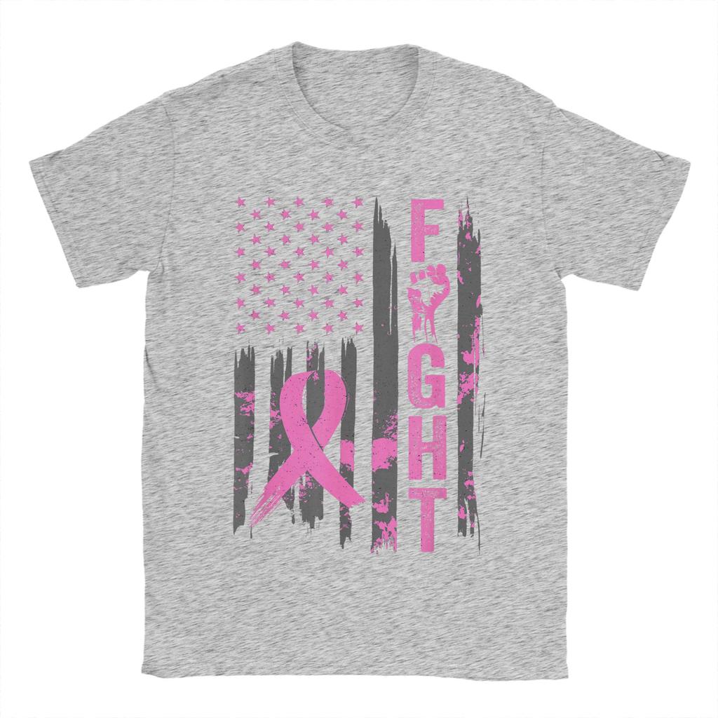 Fight USA Flag Breast Cancer Awareness Patriotic Pink Ribbon Men T Shirts Vintage Tees Short Sleeve Round Neck T-Shirt Clothes
