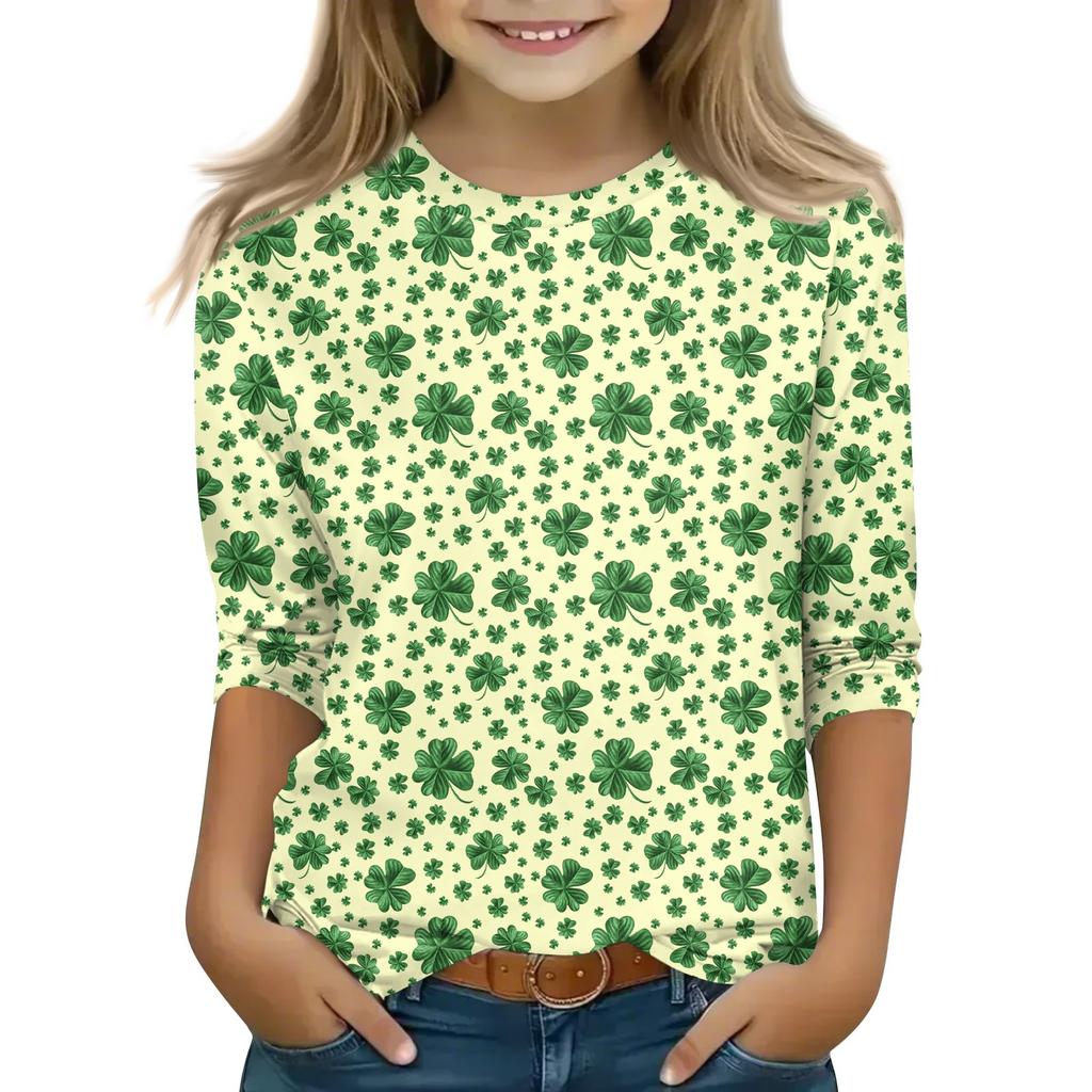 Bedruckte Oberteile für junge Mädchen von 5–16 Jahren, Rundhalsausschnitt, 3/4-Ärmel, T-Shirts, trendige Oberteile, Outfit-T-Shirts