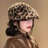 Pu Leather Brim Leopard Print Berets Keep Warm Women Newsboy Caps Lamb Wool Berets Hat  Female