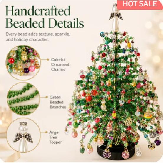 Mini Tabletop DIY Beaded Christmas Tree Craft Kit, Handmade Glass Bead Holiday Decor with Light String