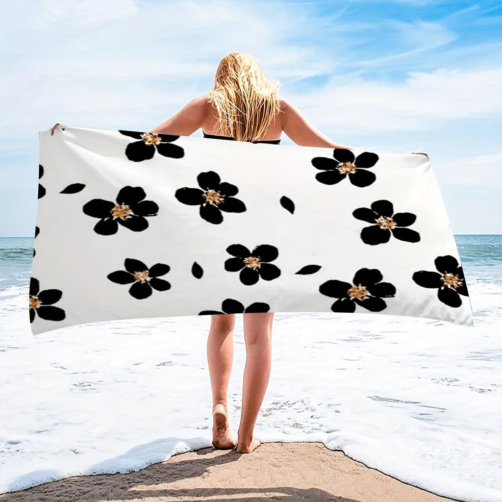 Schwarzes Blumen-Strandtuch Einseitiger 2D-Druck Schnelltrocknendes Mikrofaserhandtuch für Damen für Strand, Pool, Bad Minimalistische Ästhetik