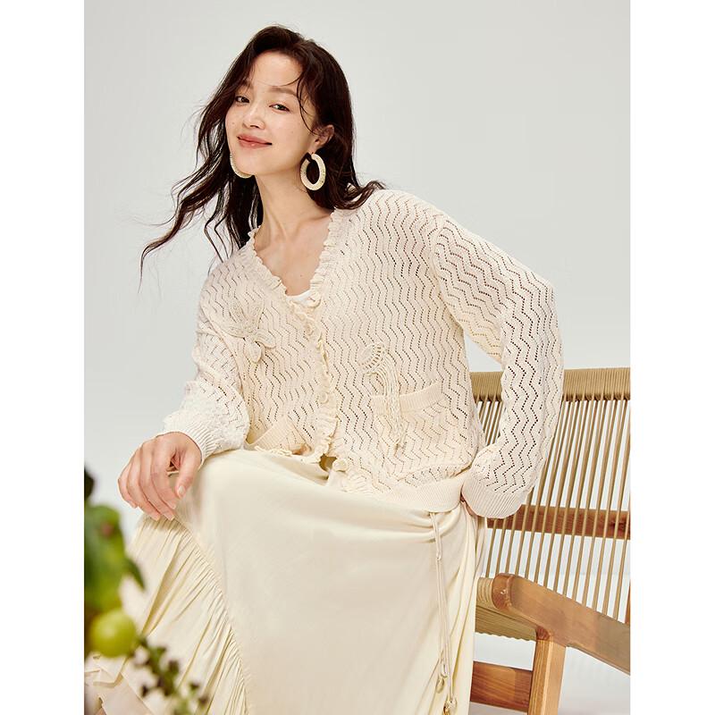 INMAN Women's Resort Ruffle V-Neck Cutout Knit Cardigan