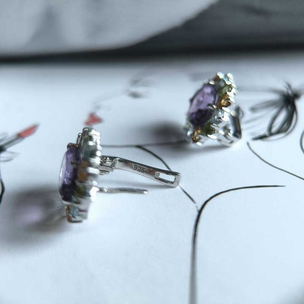Серебряные серьги с натуральным аметистом 7.325ct, цитрином, хризолітом, топазом (2193371)