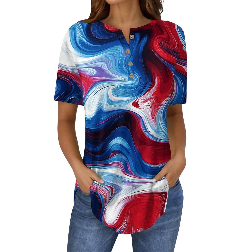 Short Sleeve Womens Tops Summer T-Shirts Print V Neck Casual Basic Tee Button Shirts Tunic Tops Independence Day