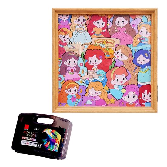 Holz Cartoon Mädchen Malpuzzle Set DIY Bemalbares Puzzle Rahmen mit Markern Kleber Heim Büro Schreibtisch Dekoration
