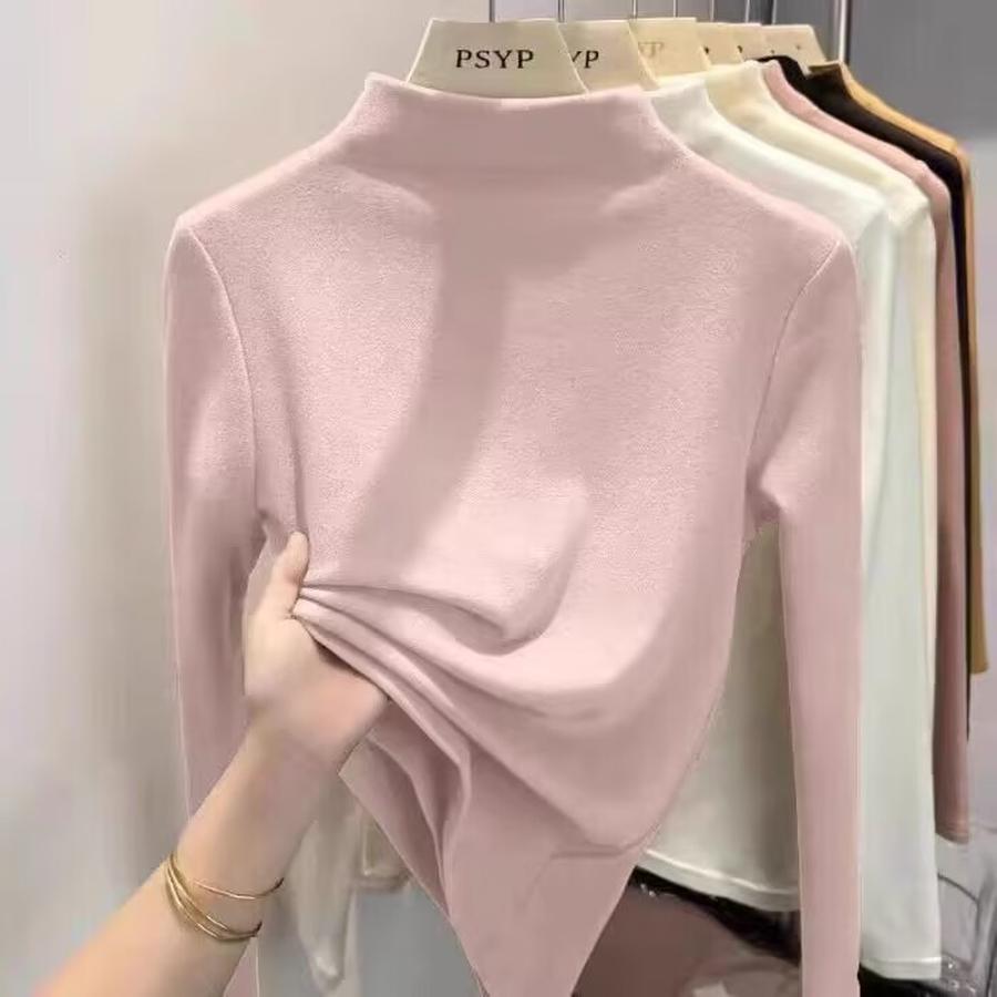 

Fashion Solid Crew Neck Long Sleeve T-Shirt Winter Autumn Korean Style Warm Slim Fit Double Velvet Base Layer 3XL рожевий