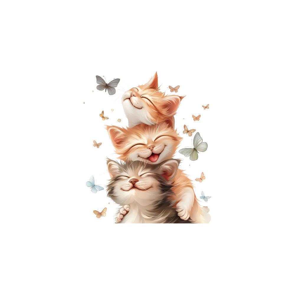 Self-adhesive Cartoon Cute Stacked Cats with Butterfly Wall Window Stickers for Kids Room Living Room Glass Decor