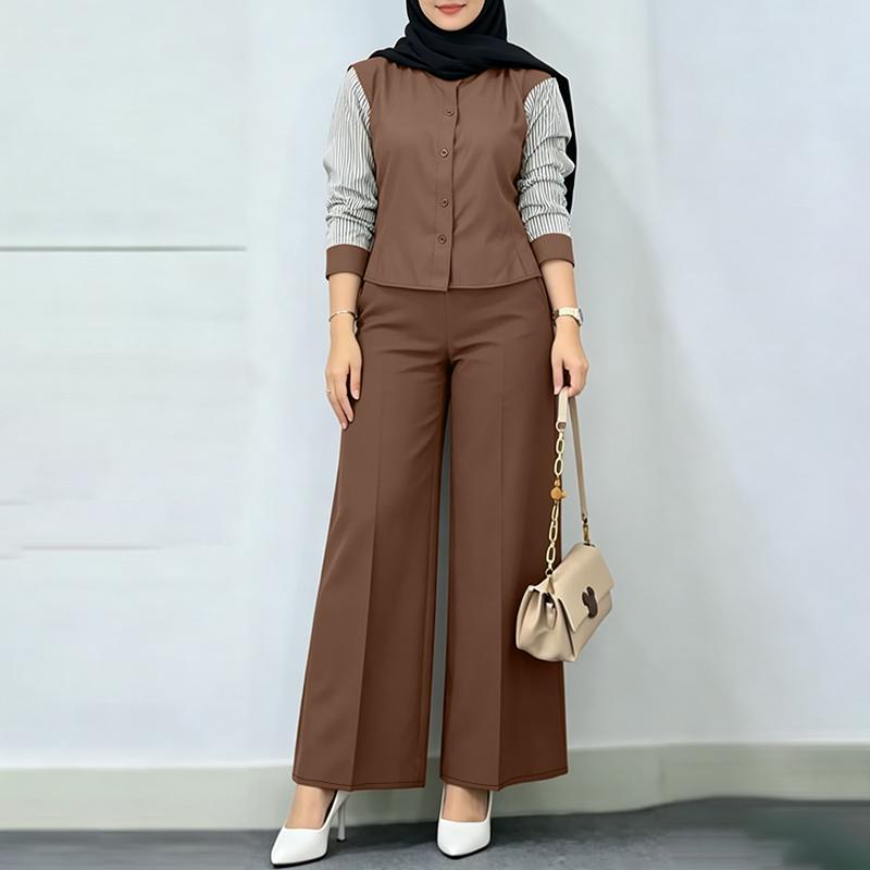 

ZANZEA Women Stripe Splice Long Sleeve Blouse and Pants Casual Two Piece Suit Sets коричневый