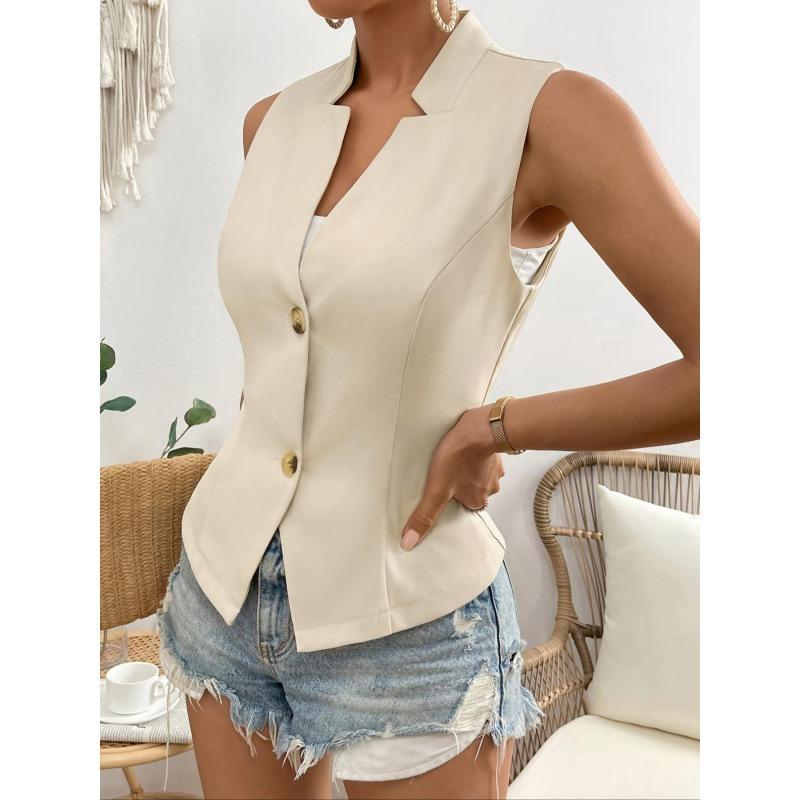 Women V Neck Sleeveless Blazer Vest with Padded Bust Single Breasted Slim Fit Casual Office Waistcoat