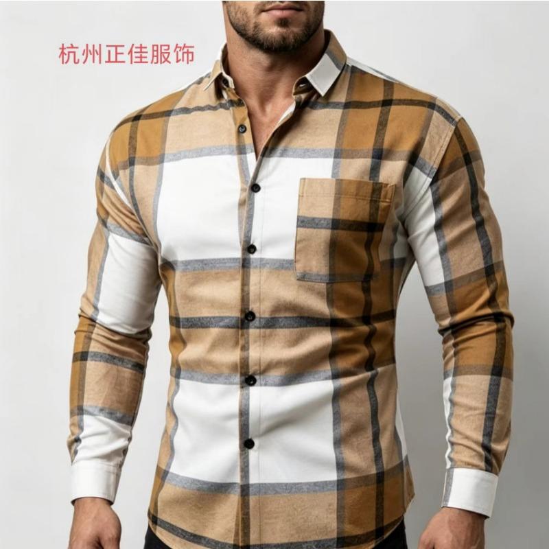 Mens Blue White Brown Plaid Long Sleeve Button Down Casual Shirt