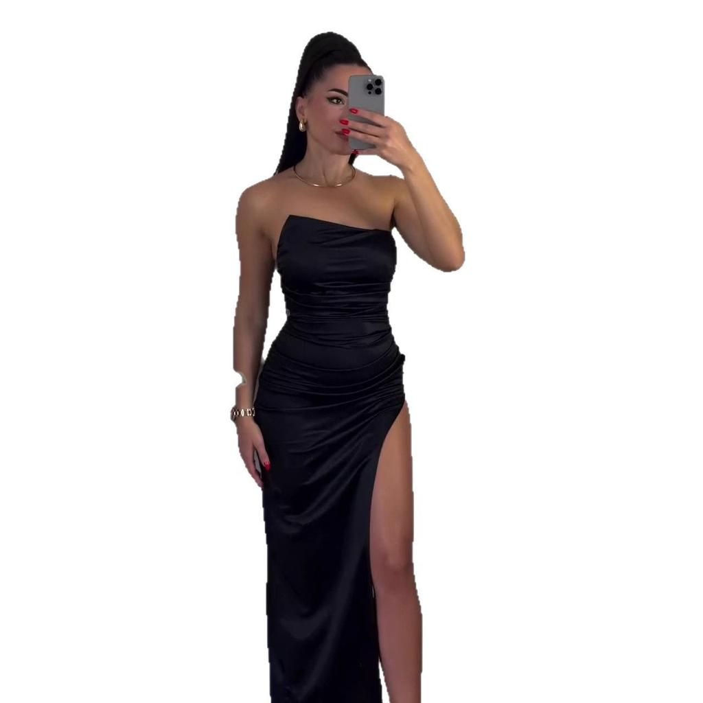Satin Waist-Cinching Strapless High Slit Dress for Women - Summer 2025 Collection