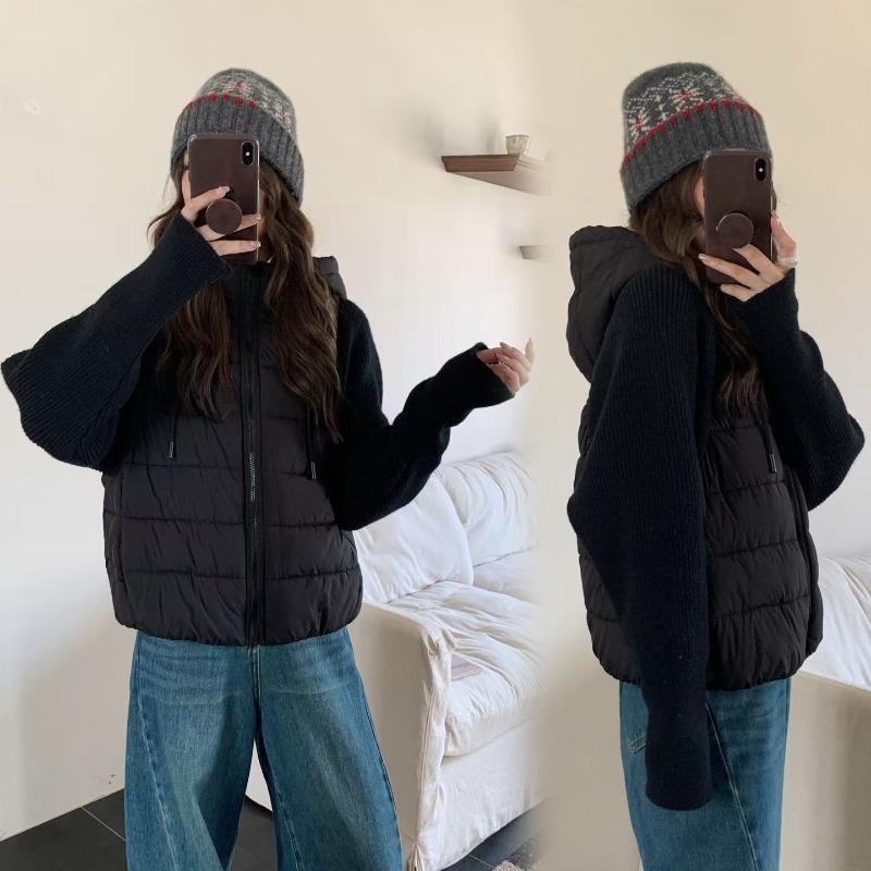 Light and thin knitted splicing cotton-padded clothes women's short hooded winter new Korean version cotton-padded clothes and cotton-padded jackets